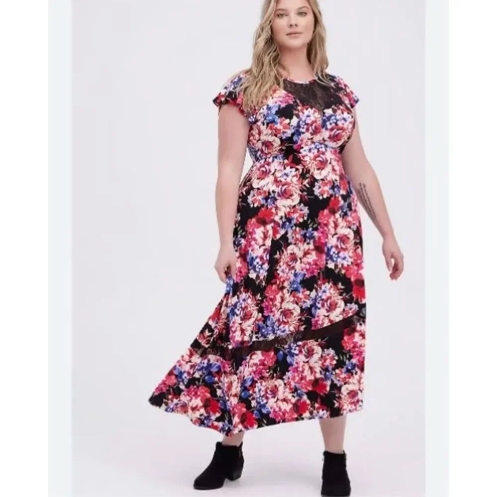 Torrid rose lace inlaid Midi studio 1x ruffled flowy dress